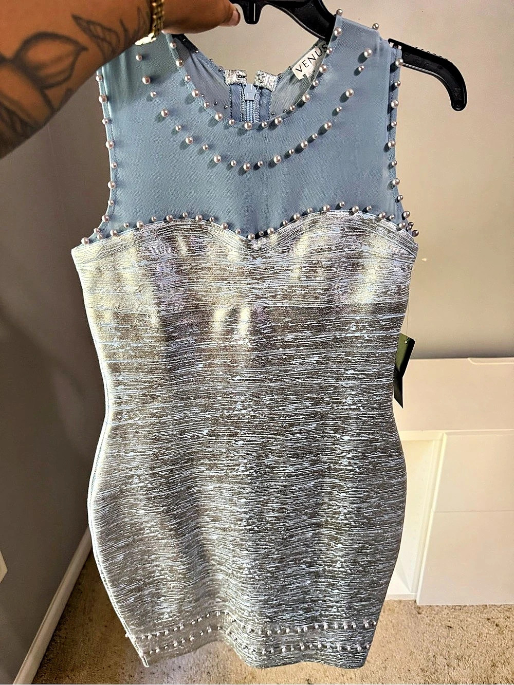 VENUS Pearl Studded Mesh Bodycon Mini Dress Blue & Silver Medium